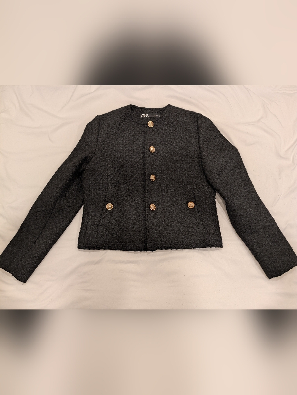 Zara Short Textured Black Button-Front Cropped Jacket Size S